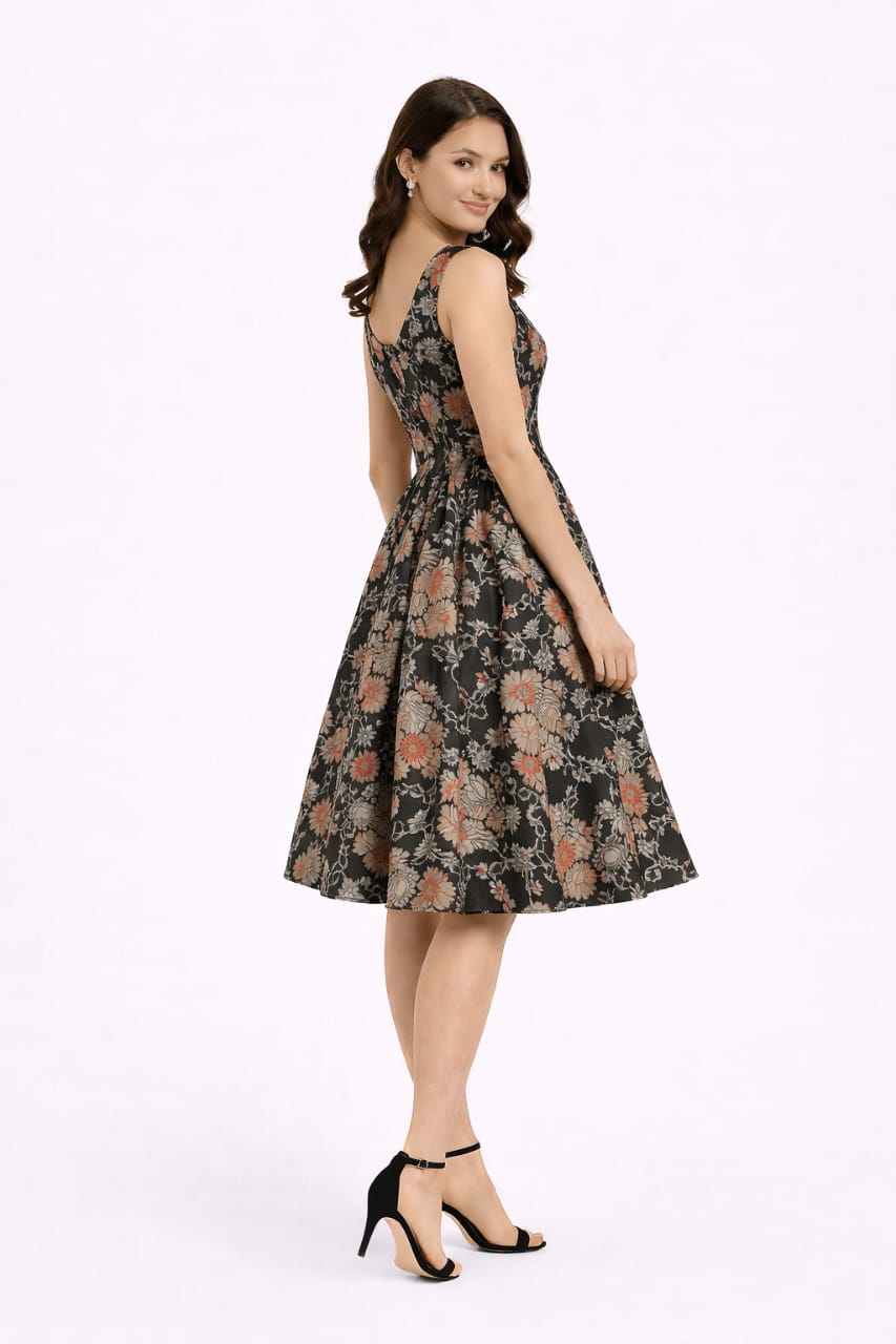 Elegant Women Floral Printed Sleeveless Satin Knee-Length Dress – Chic Casual & Party Wear multicolor