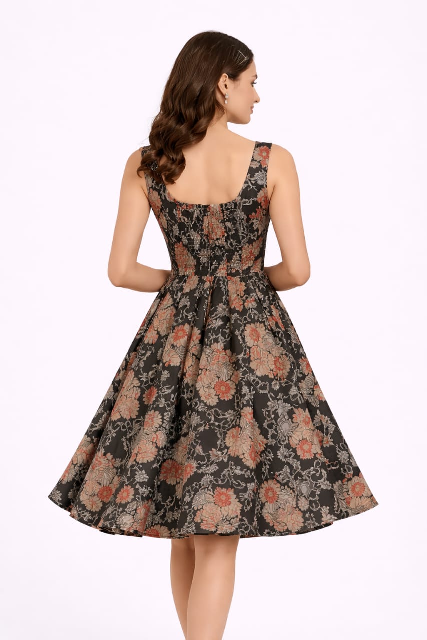 Elegant Women Floral Printed Sleeveless Satin Knee-Length Dress – Chic Casual & Party Wear multicolor