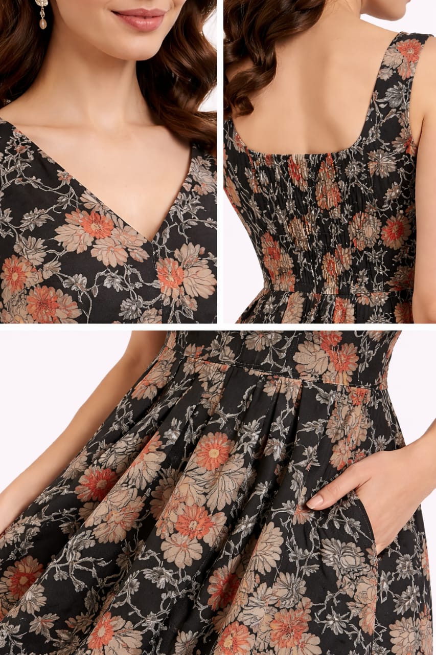 Elegant Women Floral Printed Sleeveless Satin Knee-Length Dress – Chic Casual & Party Wear multicolor