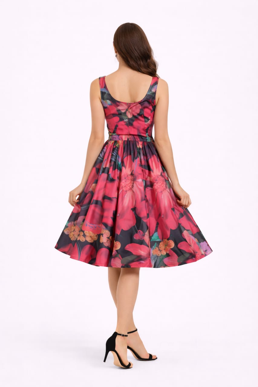 Elegant Women Floral Printed Sleeveless Satin Knee-Length Dress – Chic Casual & Party Wear