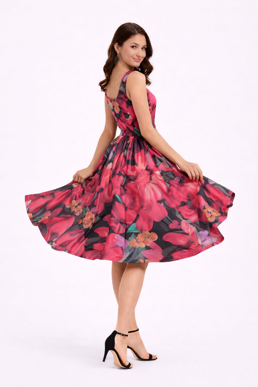 Elegant Women Floral Printed Sleeveless Satin Knee-Length Dress – Chic Casual & Party Wear