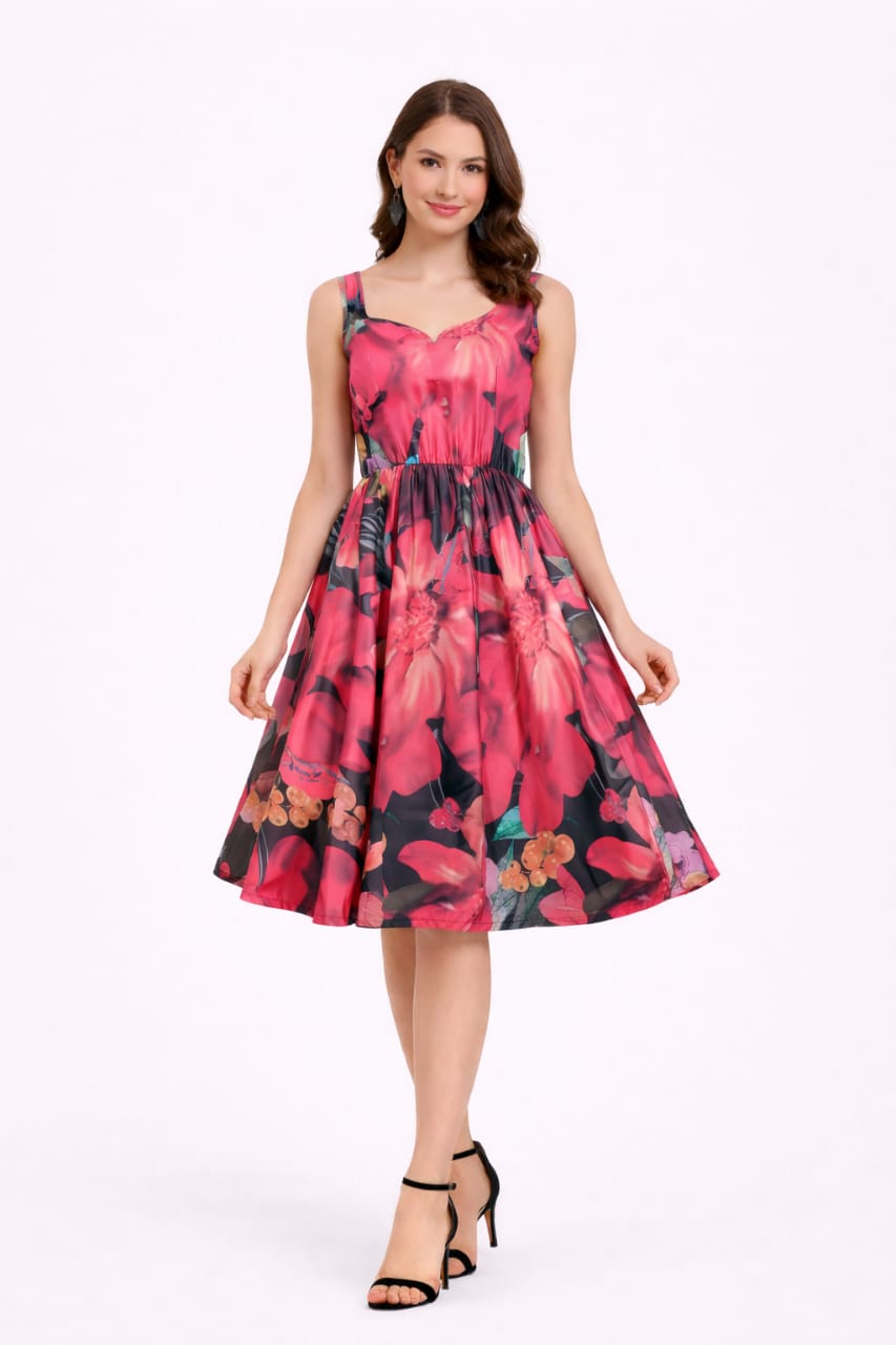 Elegant Women Floral Printed Sleeveless Satin Knee-Length Dress – Chic Casual & Party Wear