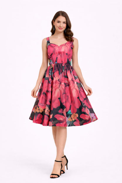 Elegant Women Floral Printed Sleeveless Satin Knee-Length Dress – Chic Casual & Party Wear