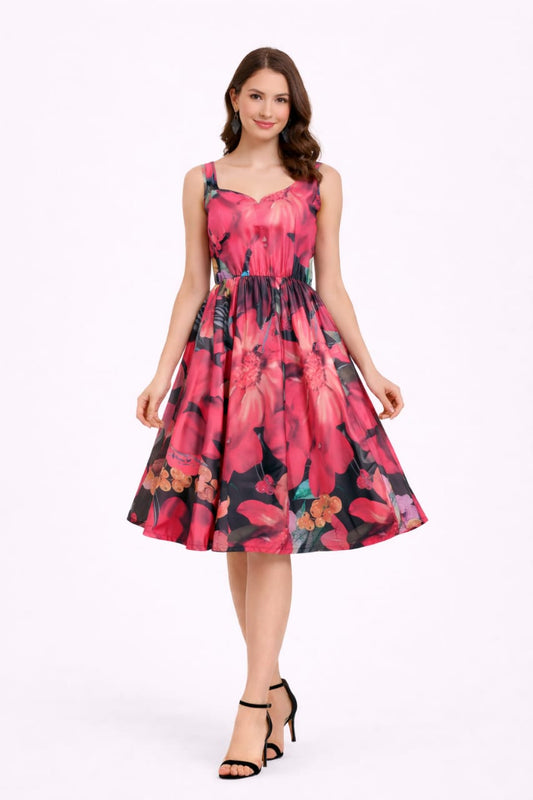 Elegant Women Floral Printed Sleeveless Satin Knee-Length Dress – Chic Casual & Party Wear