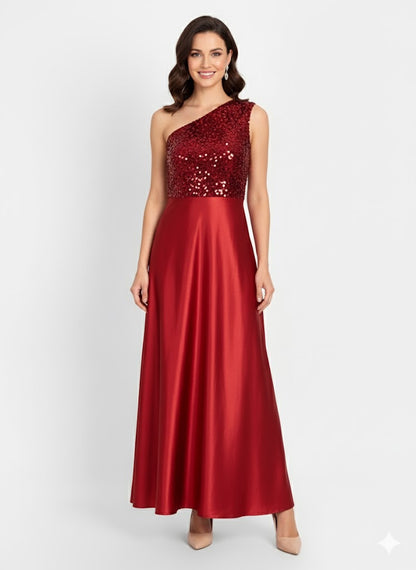 Elegant Women One-Shoulder Net Maxi Dress – Asymmetrical Tulle Evening Gown red