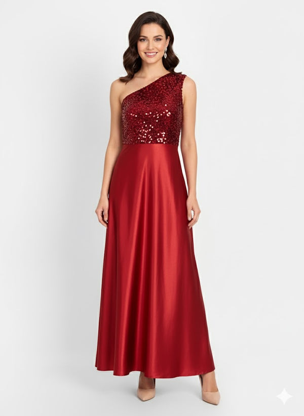 Elegant Women One-Shoulder Net Maxi Dress – Asymmetrical Tulle Evening Gown red