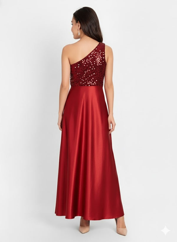 Elegant Women One-Shoulder Net Maxi Dress – Asymmetrical Tulle Evening Gown red