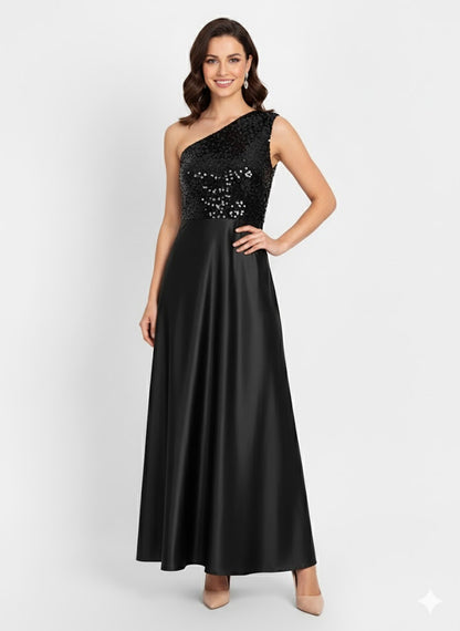 Elegant Women One-Shoulder Net Maxi Dress – Asymmetrical Tulle Evening Gown black