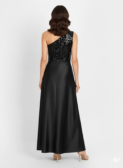 Elegant Women One-Shoulder Net Maxi Dress – Asymmetrical Tulle Evening Gown black