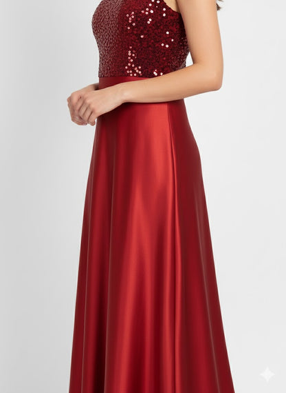 Elegant Women One-Shoulder Net Maxi Dress – Asymmetrical Tulle Evening Gown red