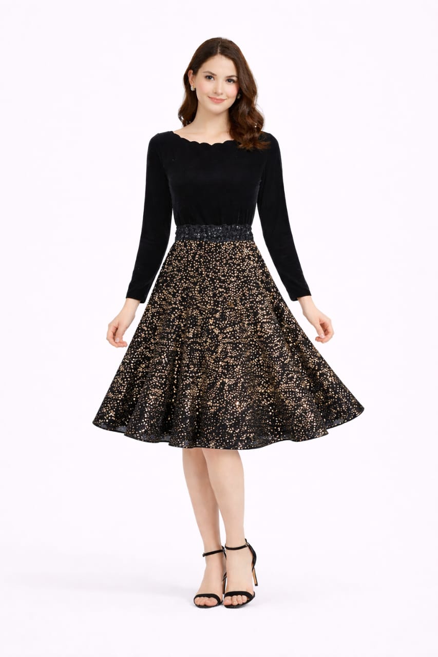 Elegant Women Ethnic Motifs Velvet Fit & Flare Dress – Luxe Festive & Party Wear