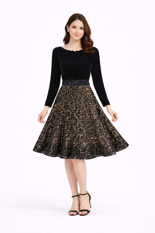 Elegant Women Ethnic Motifs Velvet Fit & Flare Dress – Luxe Festive & Party Wear