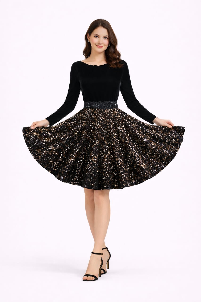 Elegant Women Ethnic Motifs Velvet Fit & Flare Dress – Luxe Festive & Party Wear