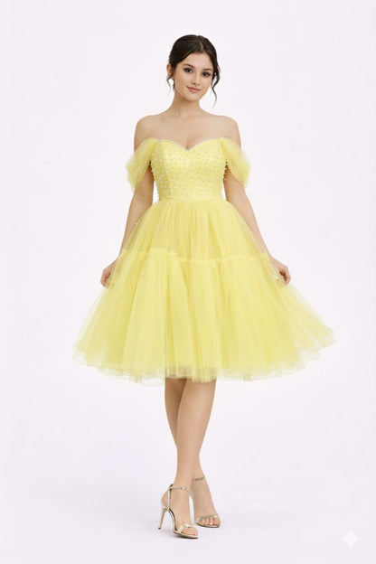 Elegant Women Net Fit & Flare Knee-Length Dress – Stylish Party & Casual Wear yellow