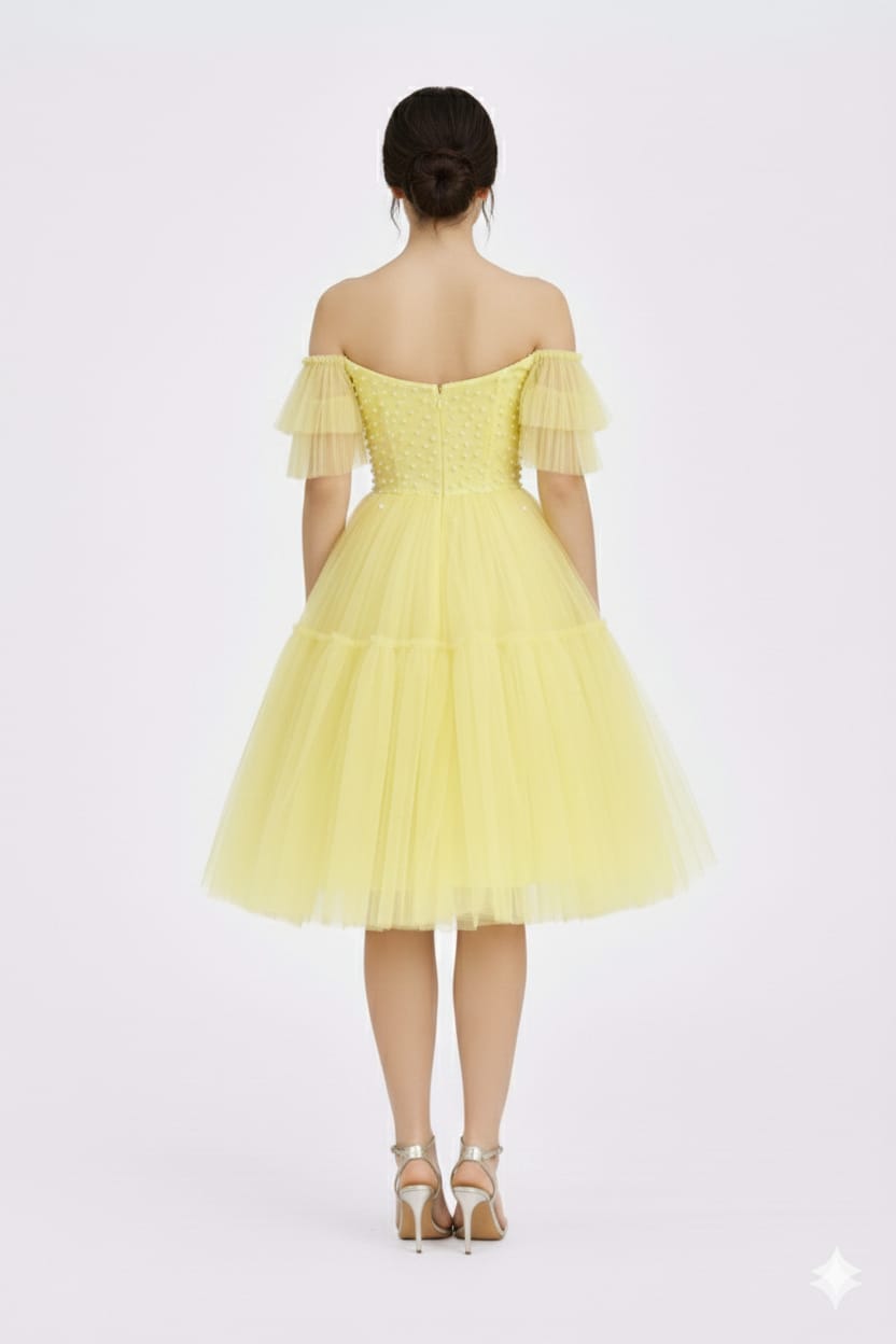 Elegant Women Net Fit & Flare Knee-Length Dress – Stylish Party & Casual Wear yellow