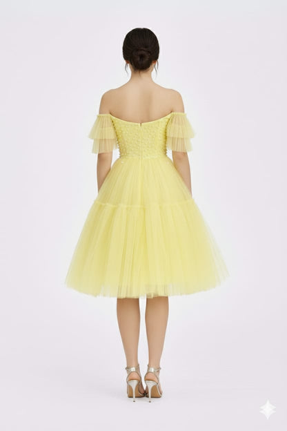 Elegant Women Net Fit & Flare Knee-Length Dress – Stylish Party & Casual Wear yellow