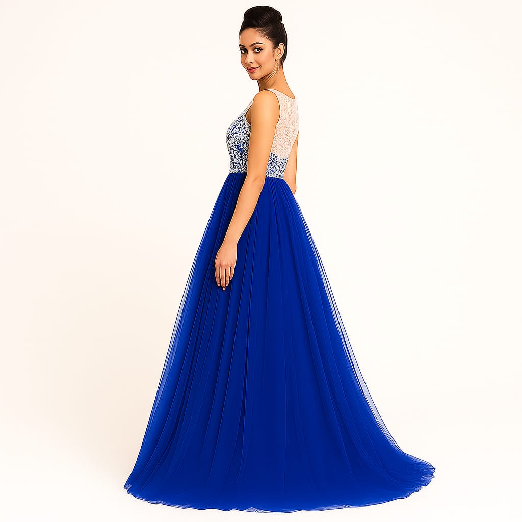 Elegant Women Embroidered Net Backless Gown Maxi Dress – Designer Party & Wedding Wear blue