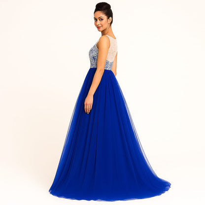 Elegant Women Embroidered Net Backless Gown Maxi Dress – Designer Party & Wedding Wear blue
