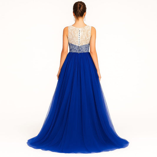 Elegant Women Embroidered Net Backless Gown Maxi Dress – Designer Party & Wedding Wear blue