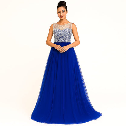 Elegant Women Embroidered Net Backless Gown Maxi Dress – Designer Party & Wedding Wear blue