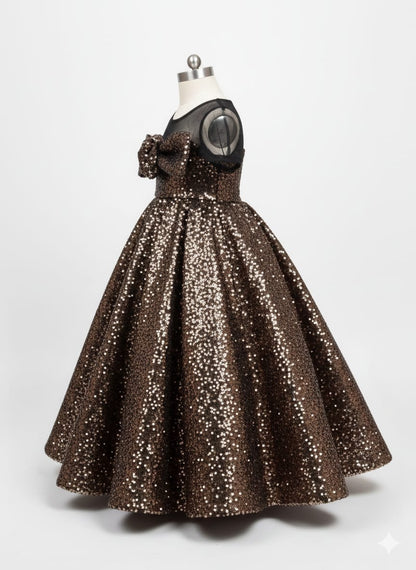 Girls Bronze Sequin Ball Gown with Bow Detail