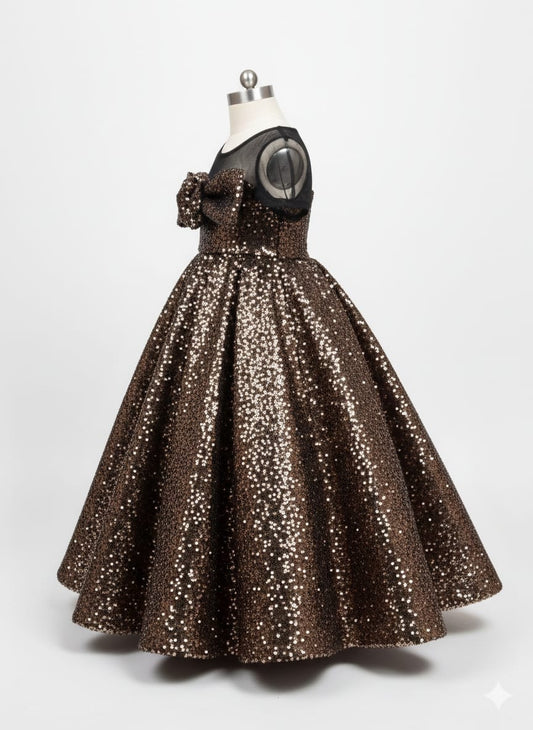 Girls Bronze Sequin Ball Gown with Bow Detail