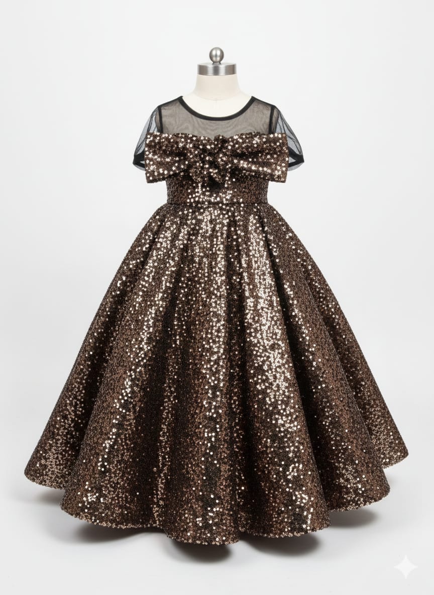 Girls Bronze Sequin Ball Gown with Bow Detail