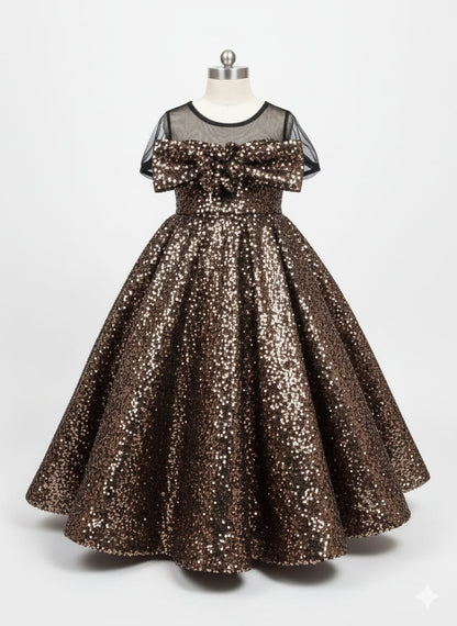 Girls Bronze Sequin Ball Gown with Bow Detail