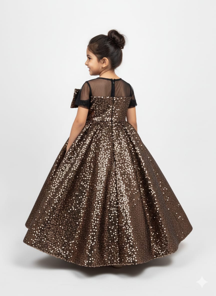 Girls Bronze Sequin Ball Gown with Bow Detail