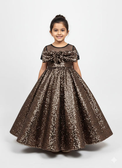 Girls Bronze Sequin Ball Gown with Bow Detail