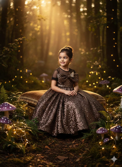 Girls Bronze Sequin Ball Gown with Bow Detail