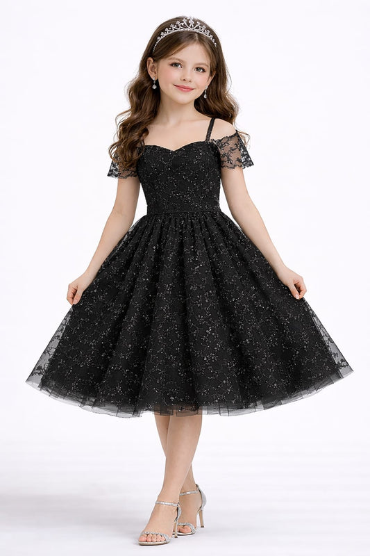 Elegant Black Glitter Lace Party Dress for Girls