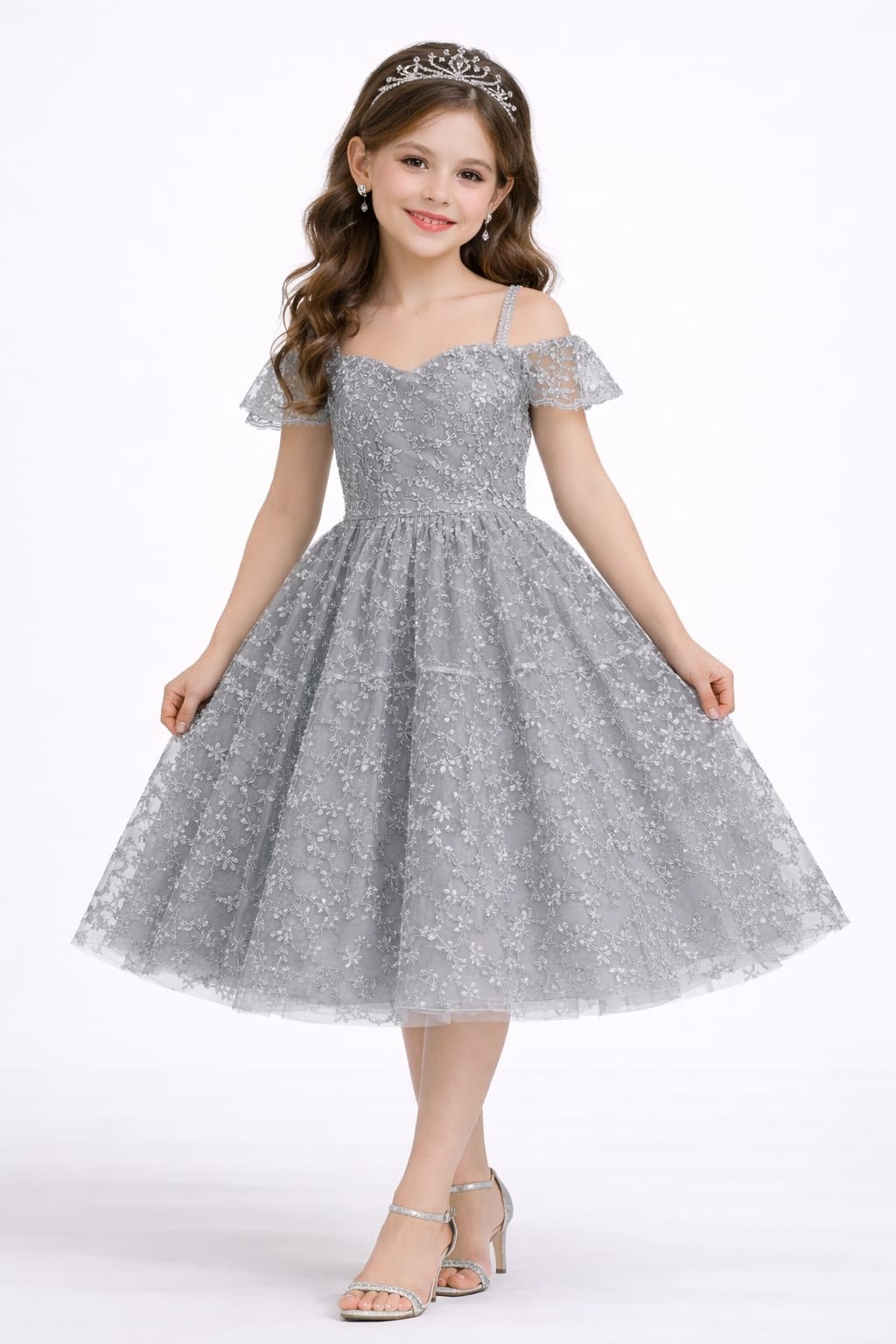 Silver Grey Lace Princess Party Dress for Girls