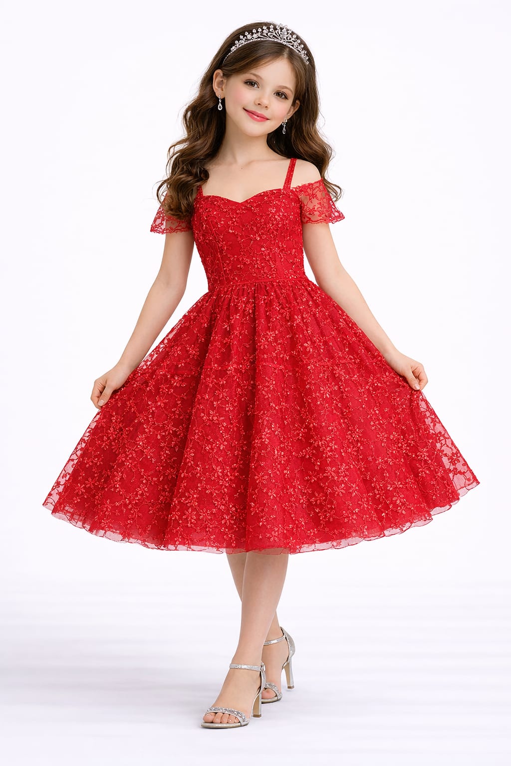 Elegant Red Lace Princess Party Dress for Girls