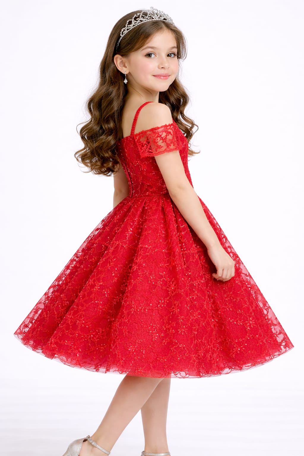 Elegant Red Lace Princess Party Dress for Girls