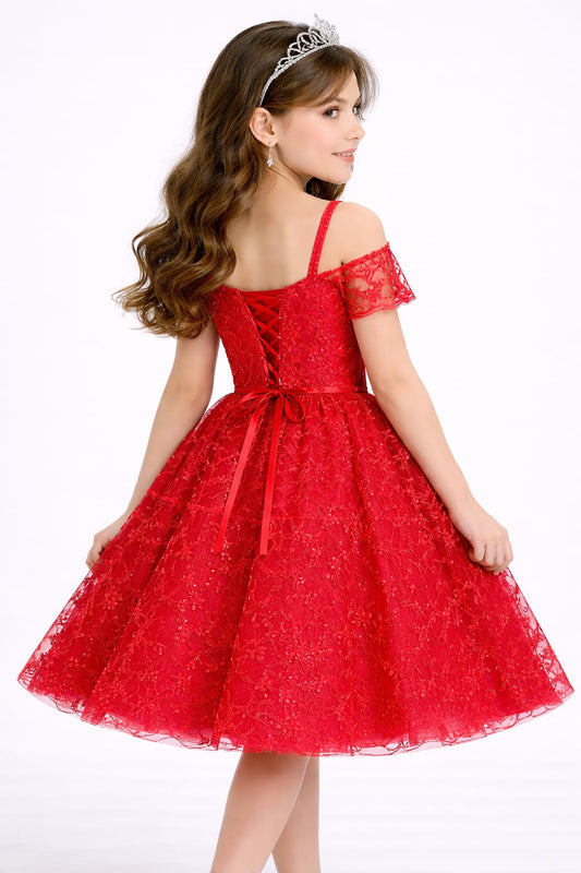 Elegant Red Lace Princess Party Dress for Girls