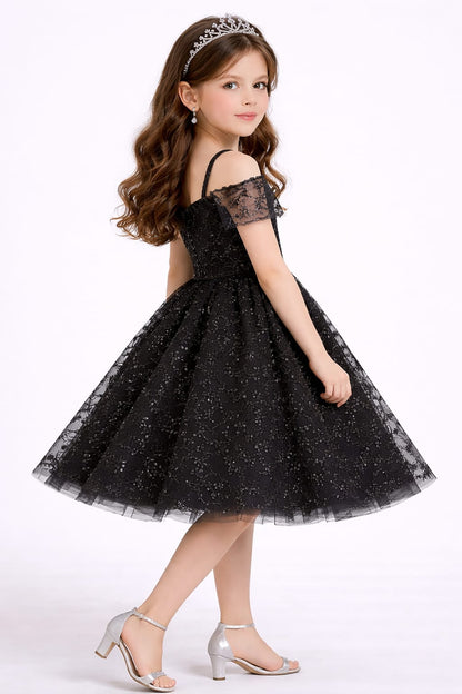 Elegant Black Glitter Lace Party Dress for Girls
