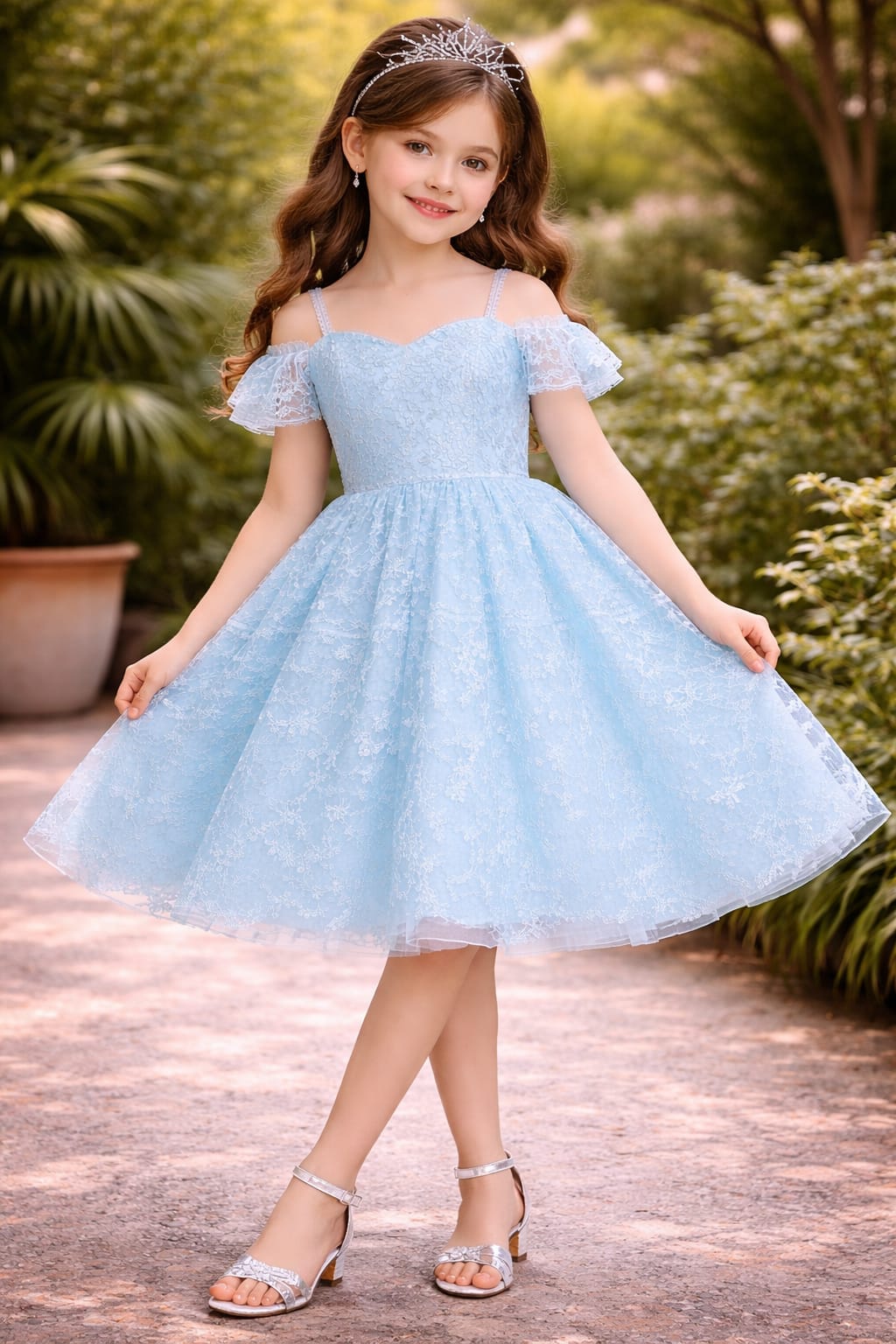 Sky Blue Lace Princess Party Dress for Girls