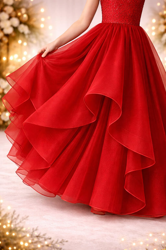 Luxury Red Layered Ball Gown for Girls with Embellished Bodice