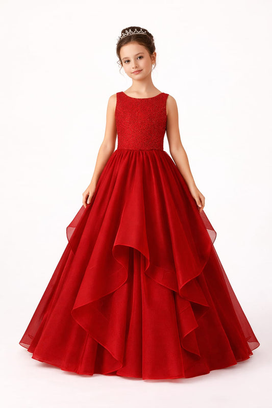 Luxury Red Layered Ball Gown for Girls with Embellished Bodice