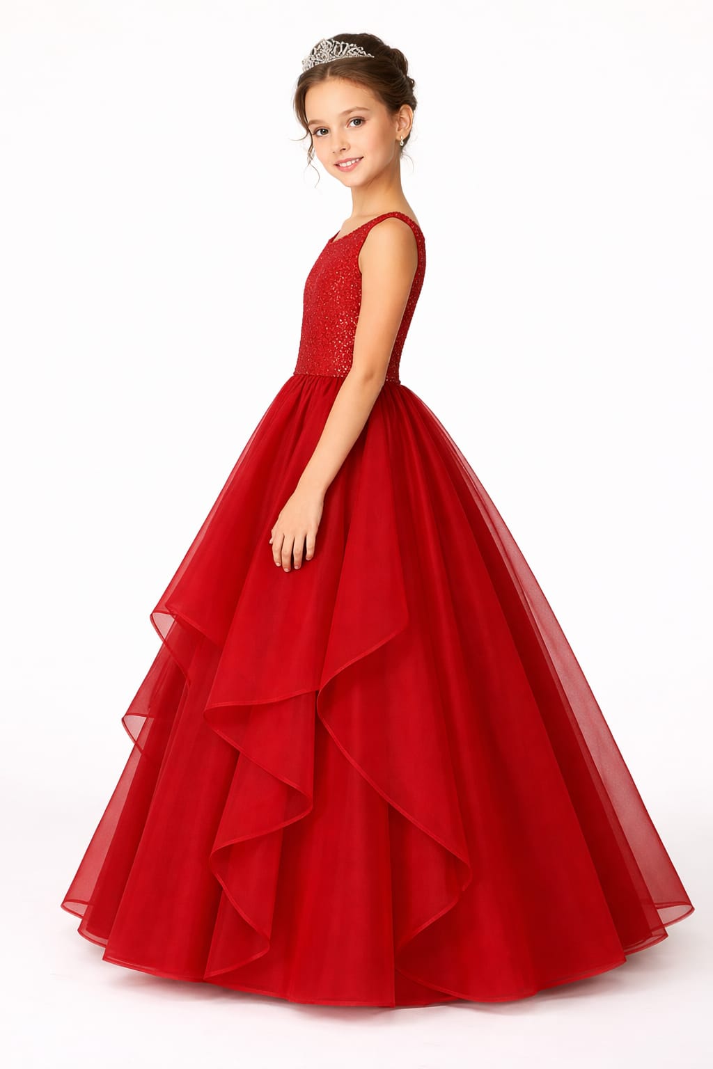 Luxury Red Layered Ball Gown for Girls with Embellished Bodice