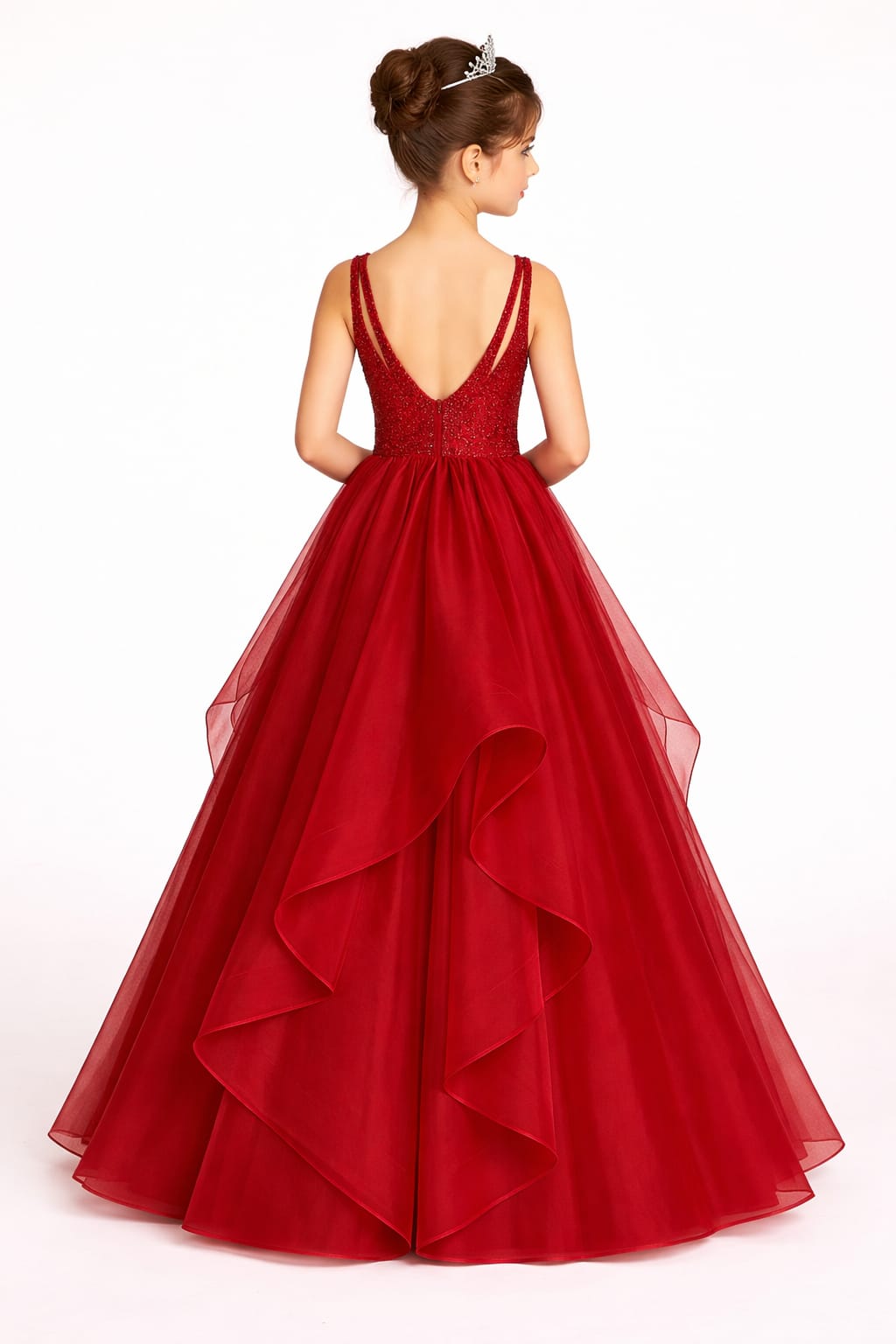 Luxury Red Layered Ball Gown for Girls with Embellished Bodice