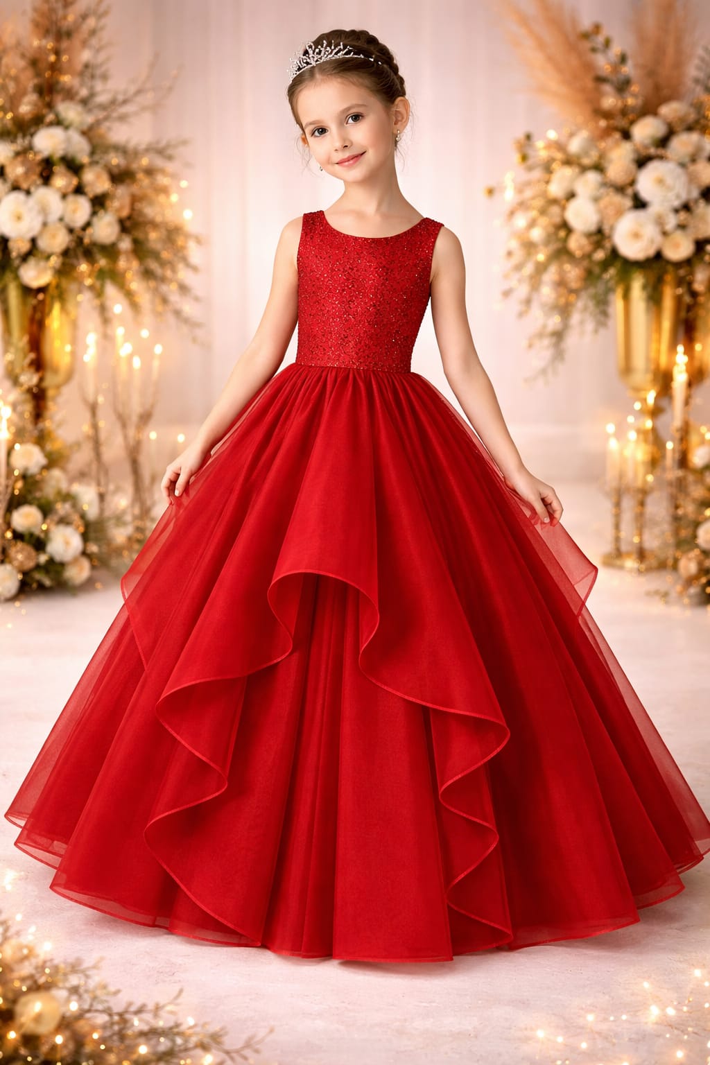 Luxury Red Layered Ball Gown for Girls with Embellished Bodice