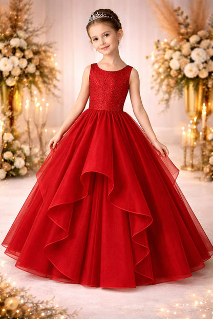 Luxury Red Layered Ball Gown for Girls with Embellished Bodice