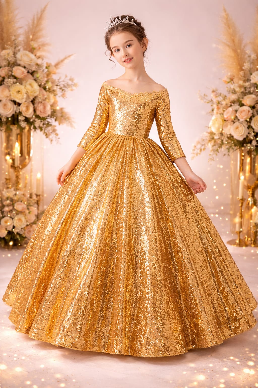 Luxury Gold Sequin Princess Ball Gown for Girls