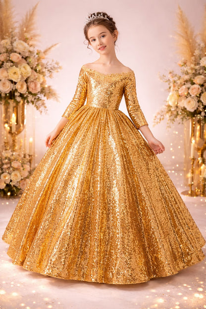 Luxury Gold Sequin Princess Ball Gown for Girls