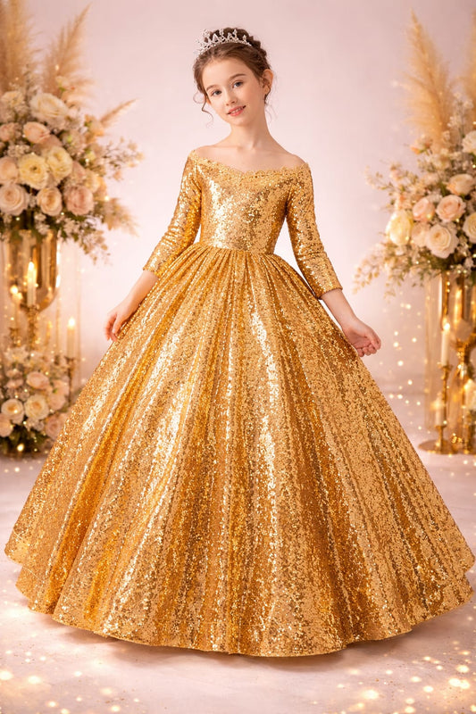 Luxury Gold Sequin Princess Ball Gown for Girls