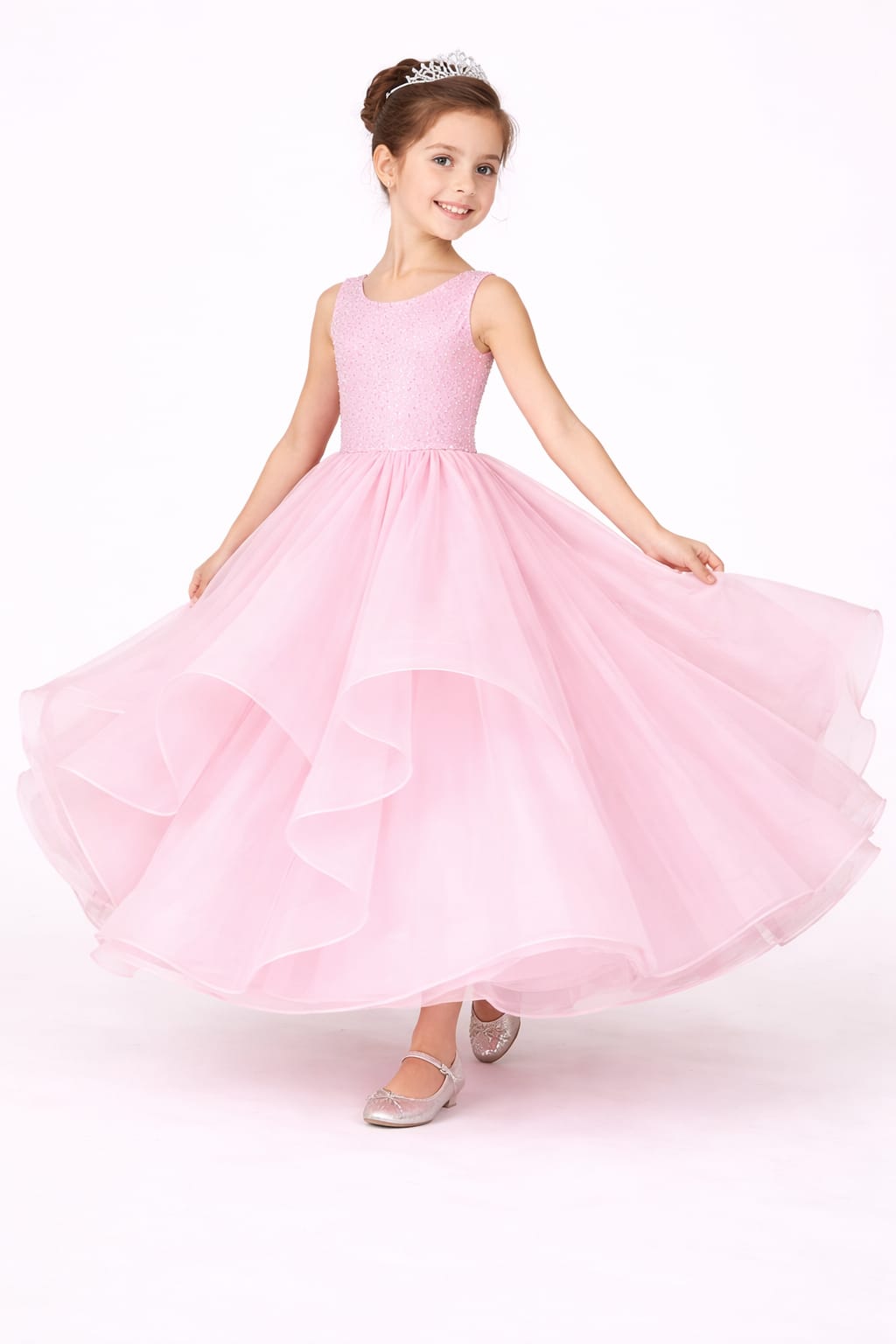 Elegant Baby Pink Layered Princess Ball Gown for Girls