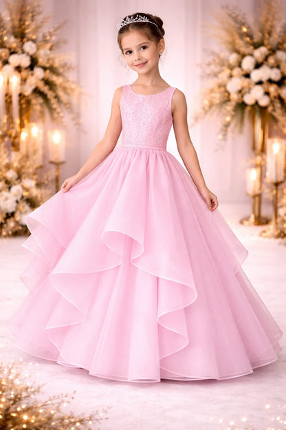 Elegant Baby Pink Layered Princess Ball Gown for Girls