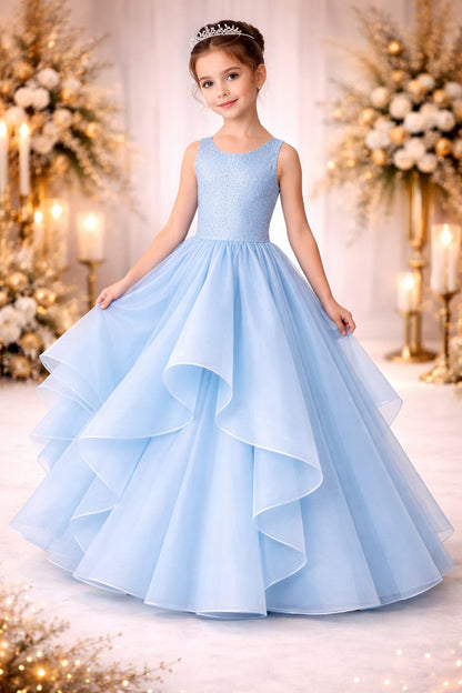 Sky Blue Layered Princess Ball Gown for Girls